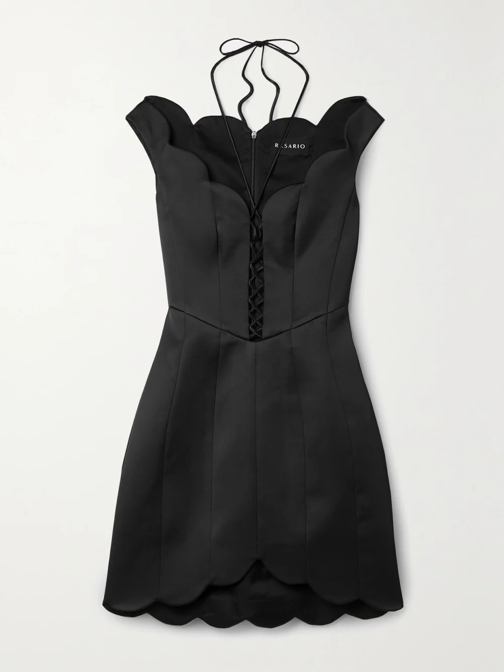 Rasario Lace-up Scalloped Satin Mini Dress in black