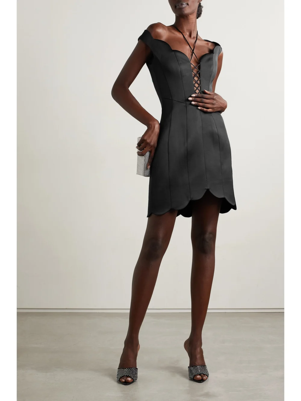 Rasario Lace-up Scalloped Satin Mini Dress, worn by a model