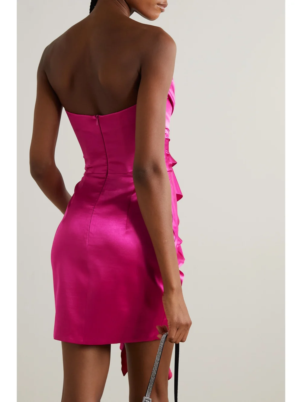 Back view of the Rasario Ruched Ruffled Satin Mini Dress