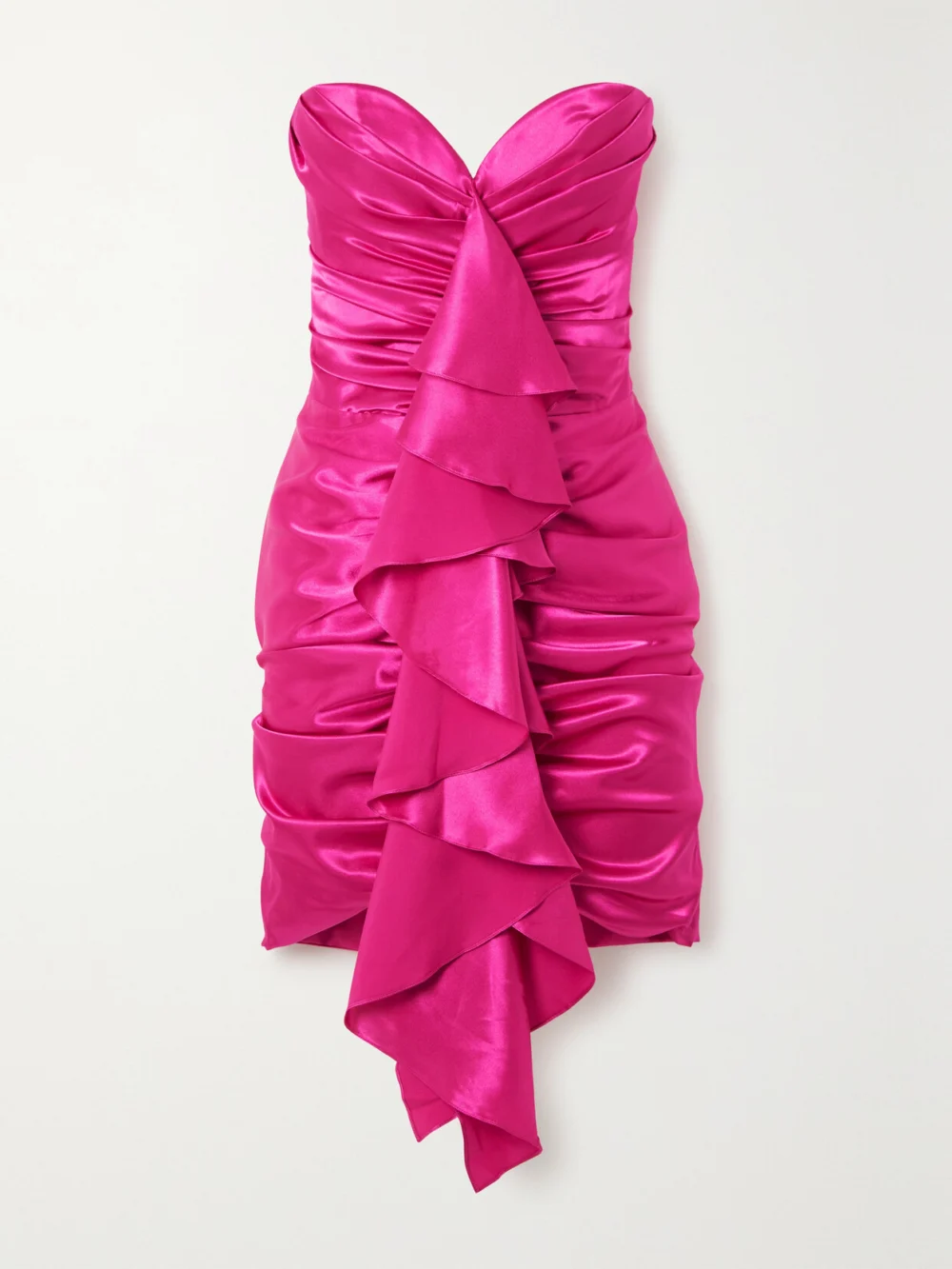 Rasario Ruched Ruffled Satin Mini Dress in red