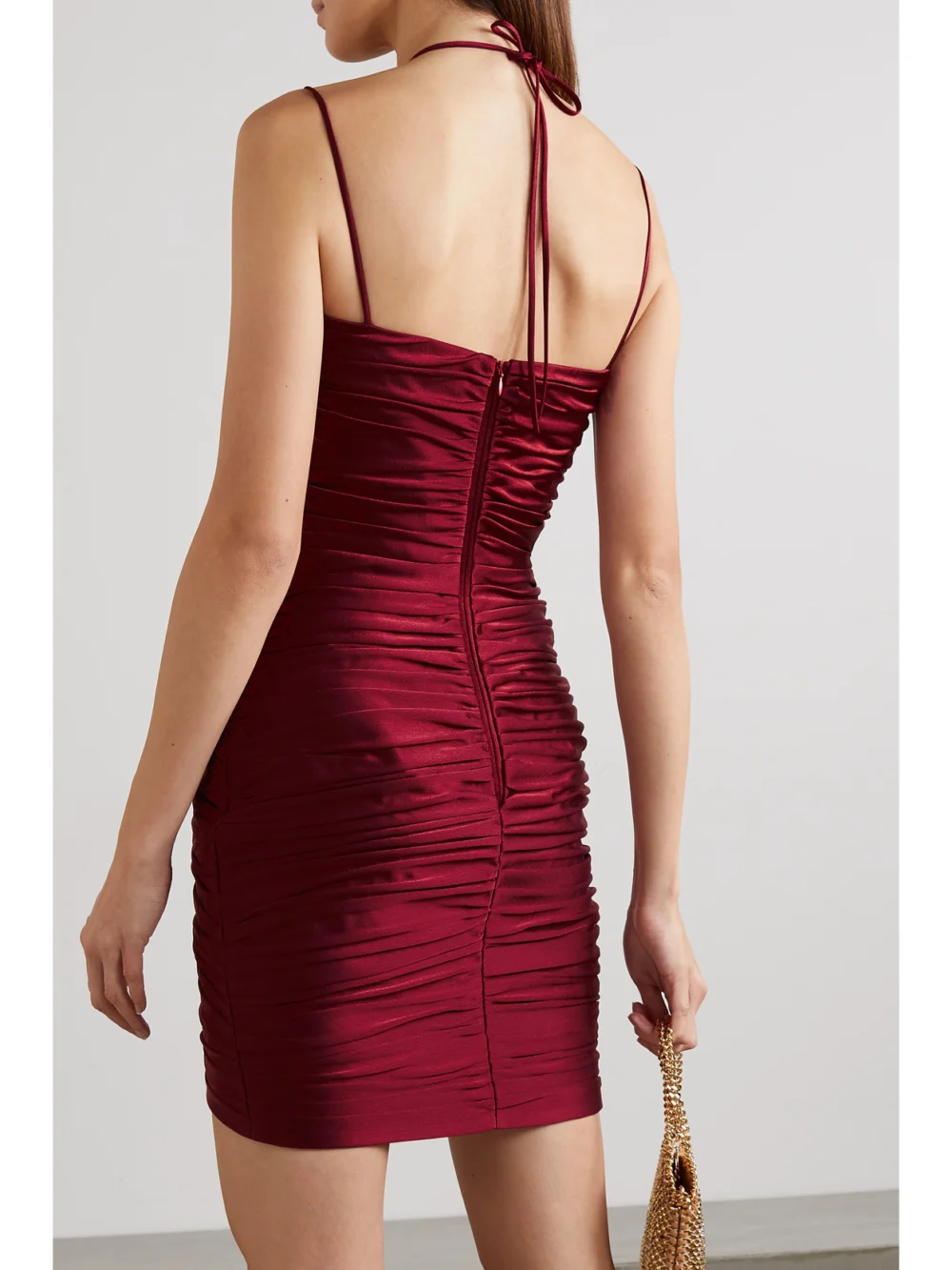 Back view of the Rasario Ruched Satin Mini Dress