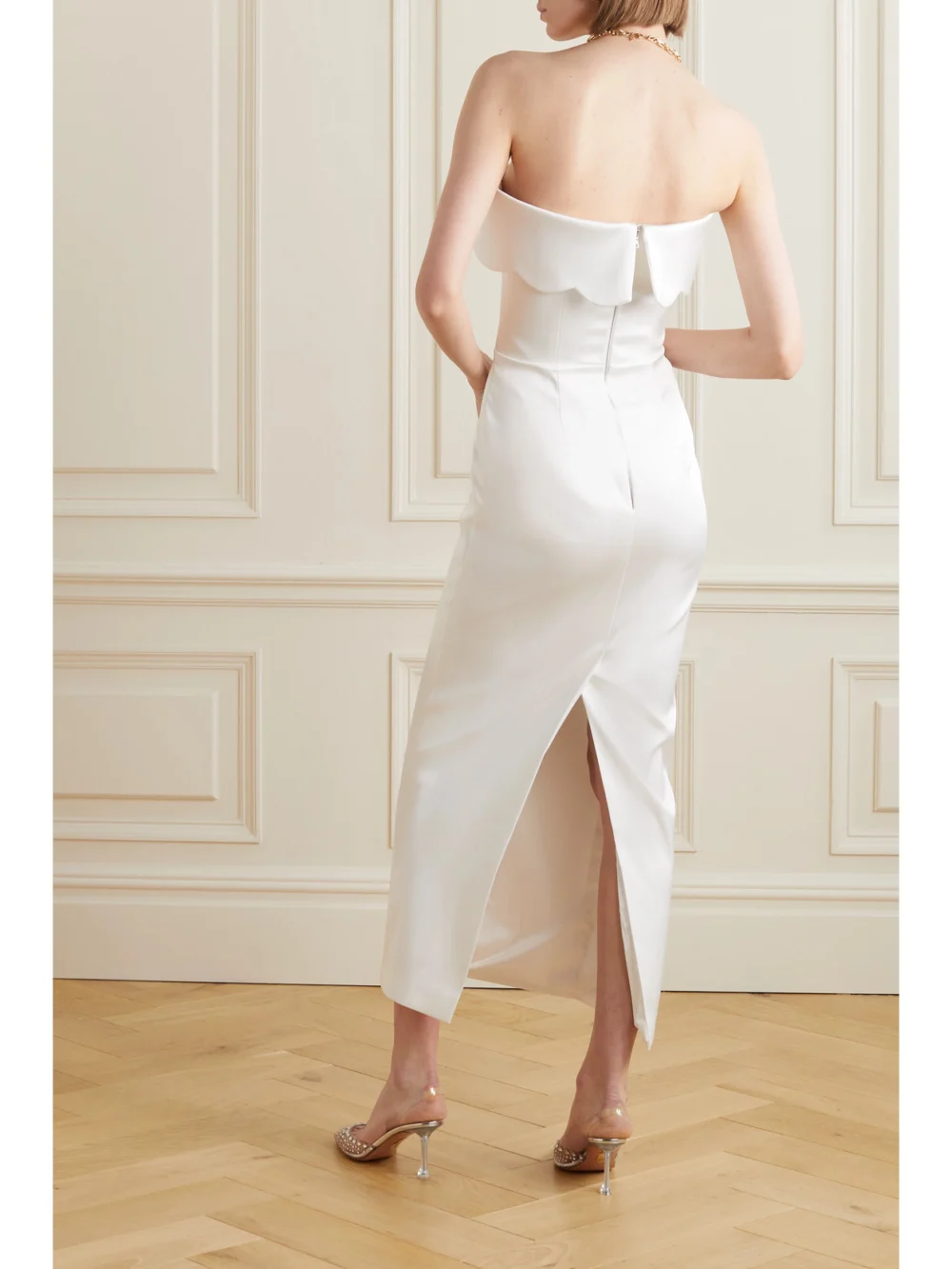 Back view of the Rasario Strapless Scalloped Duchesse-satin Maxi Dress