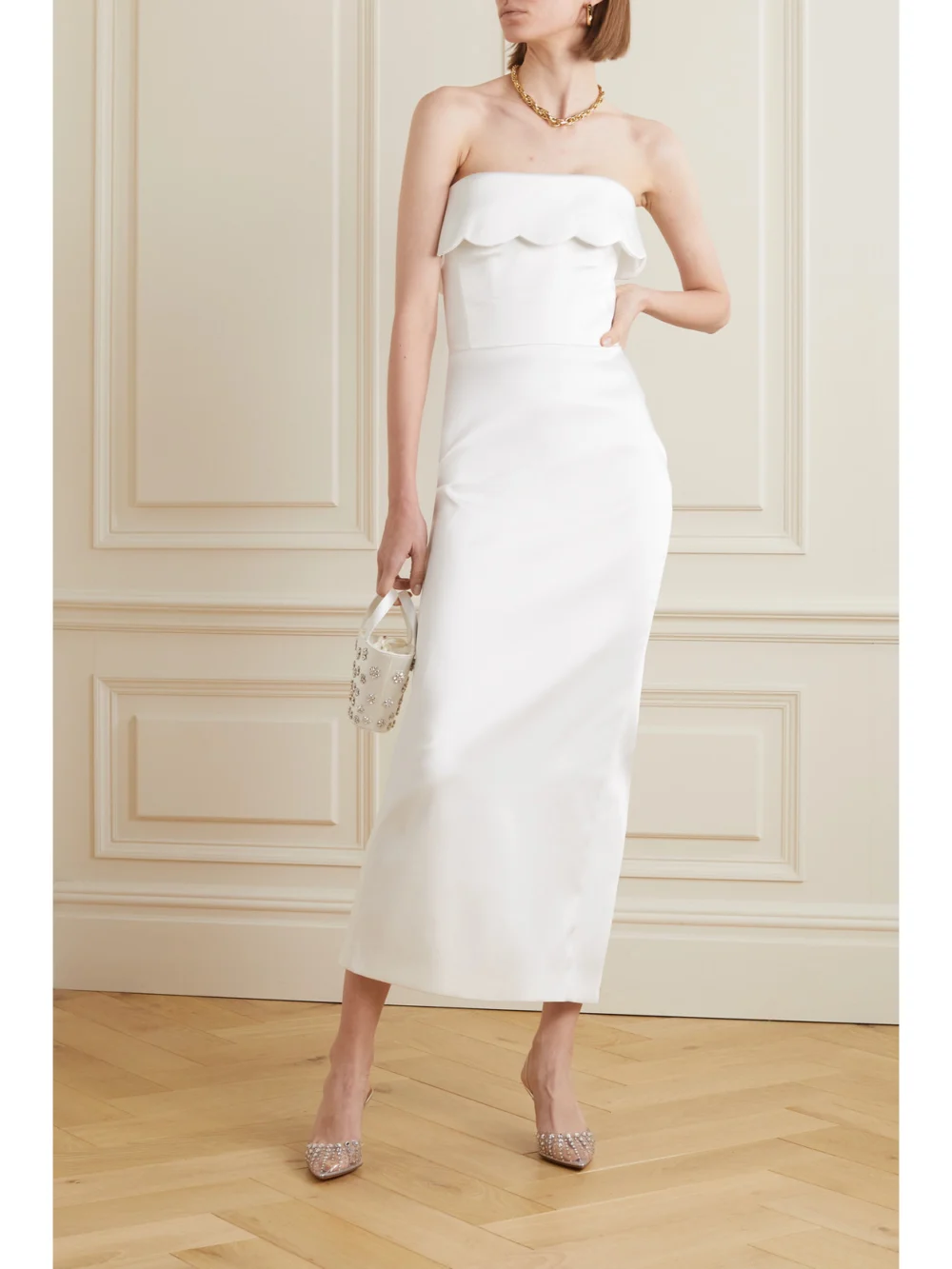Rasario Strapless Scalloped Duchesse-satin Maxi Dress, worn by a model