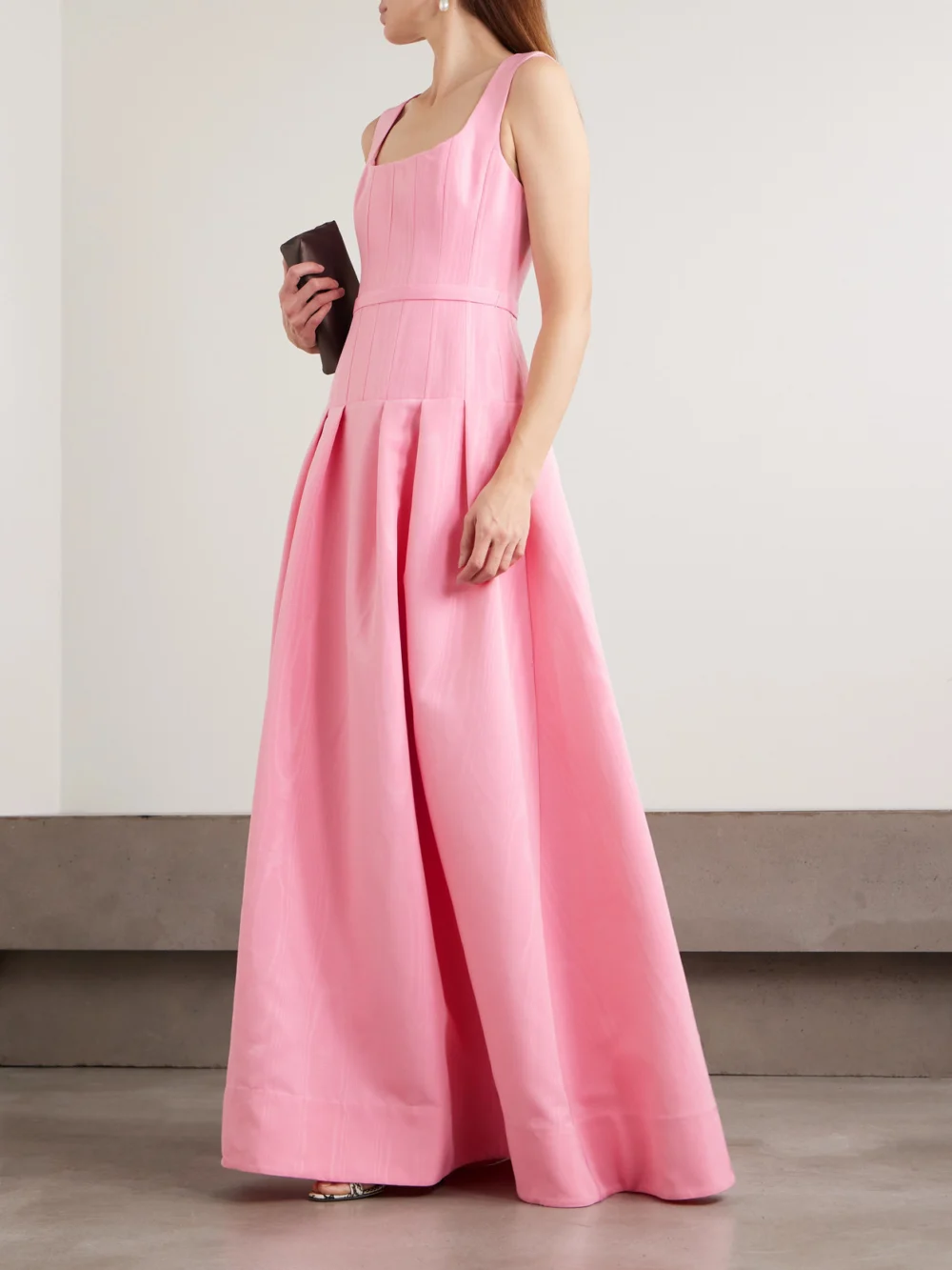 Rebecca Vallance Amaro Belted Pleated Taffeta Gown, worn by a model