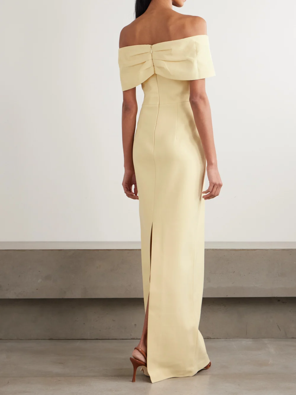 Back view of the Rebecca Vallance Aubriella Off-the-shoulder Satin-trimmed Crepe Gown