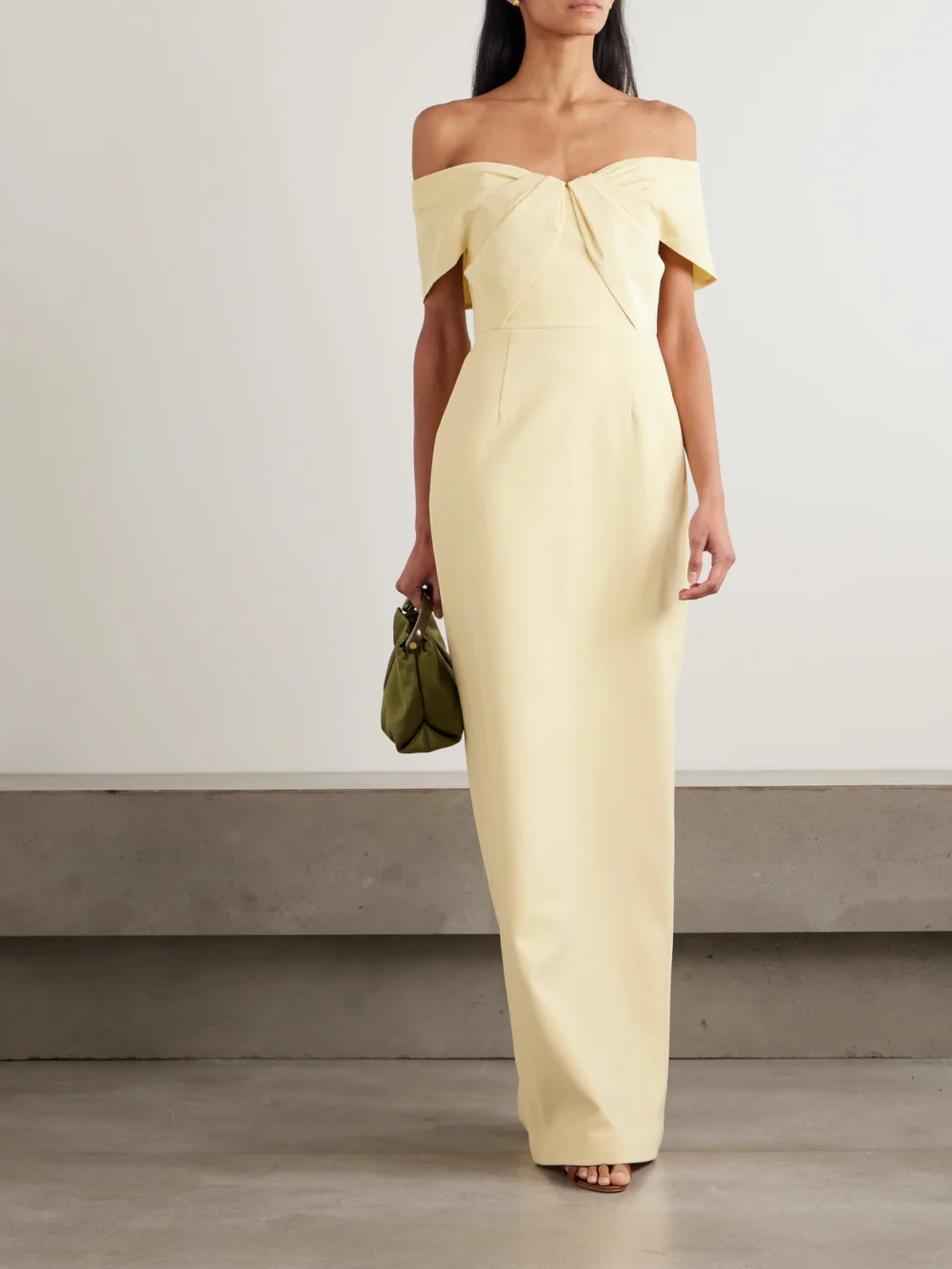 Rebecca Vallance Aubriella Off-the-shoulder Satin-trimmed Crepe Gown, worn by a model
