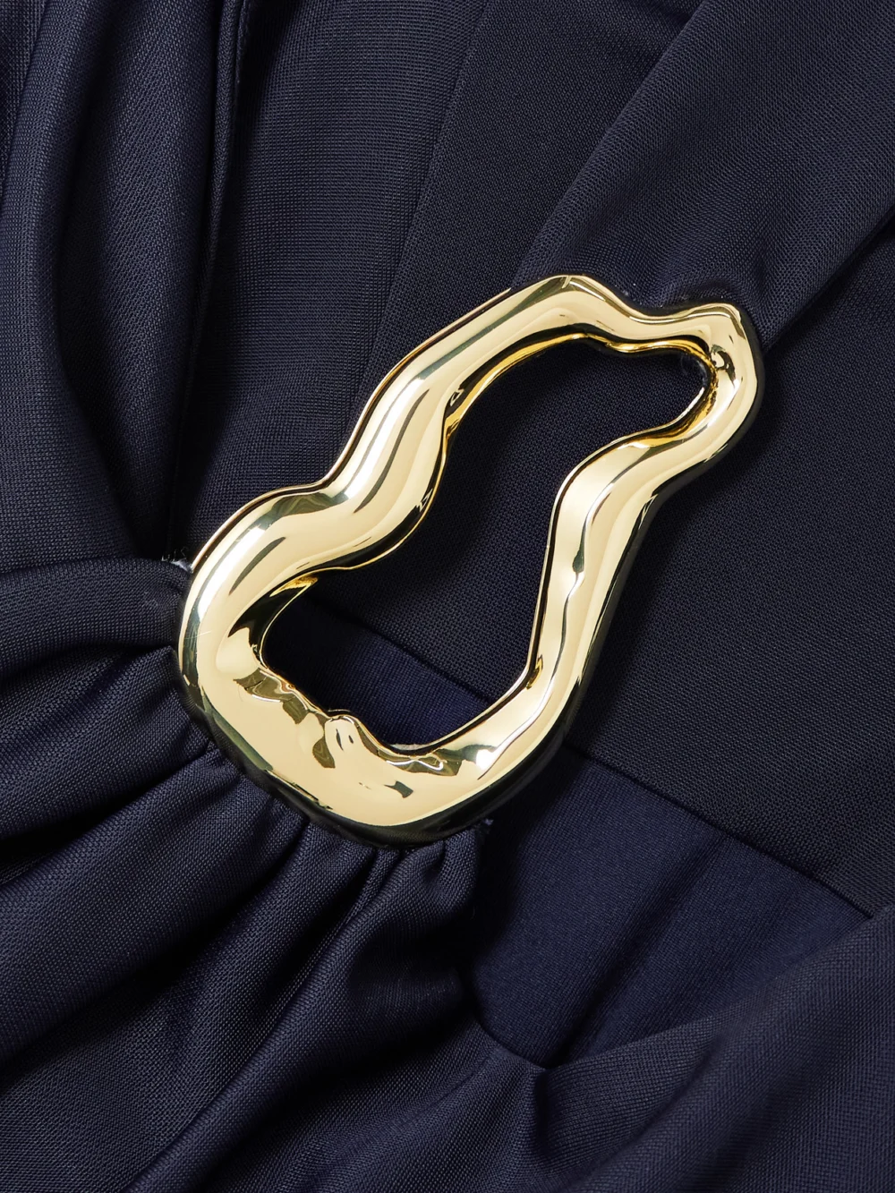 Close-up detail of the Rebecca Vallance Ayesha Draped Embellished Stretch Satin-jersey Halterneck Gown