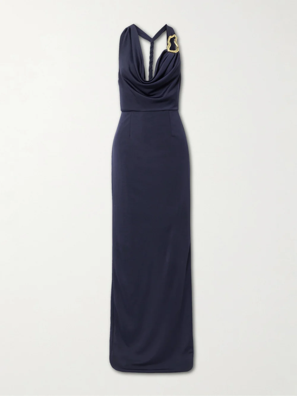 Rebecca Vallance Ayesha Draped Embellished Stretch Satin-jersey Halterneck Gown in navy