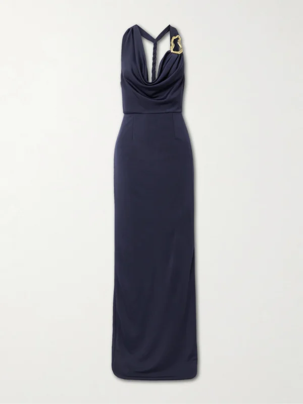 Rebecca Vallance Ayesha Draped Embellished Stretch Satin-jersey Halterneck Gown