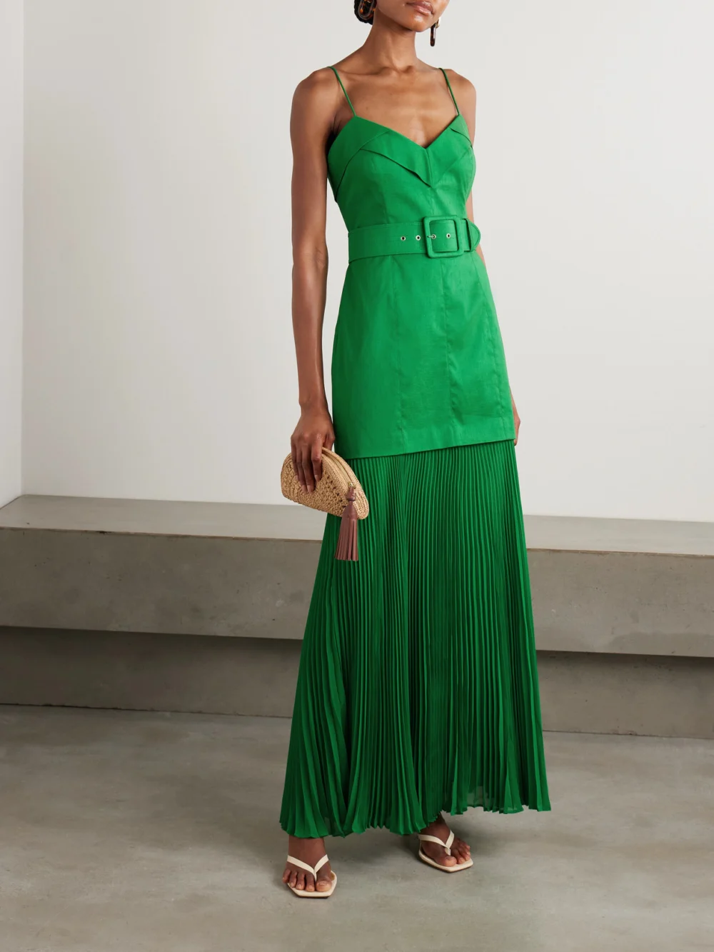 Rebecca Vallance Bailey Belted Pleated Crepe Maxi Dress, worn by a model