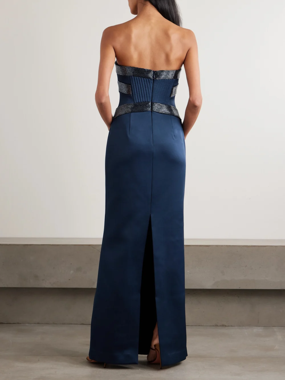 Back view of the Rebecca Vallance Elivera Strapless Bead-embellished Satin Gown