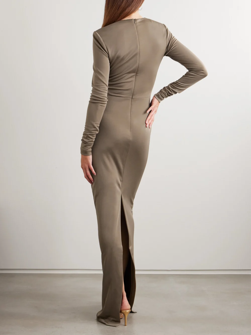 Back view of the Rebecca Vallance Mischa Embellished Gathered Stretch-jersey Gown