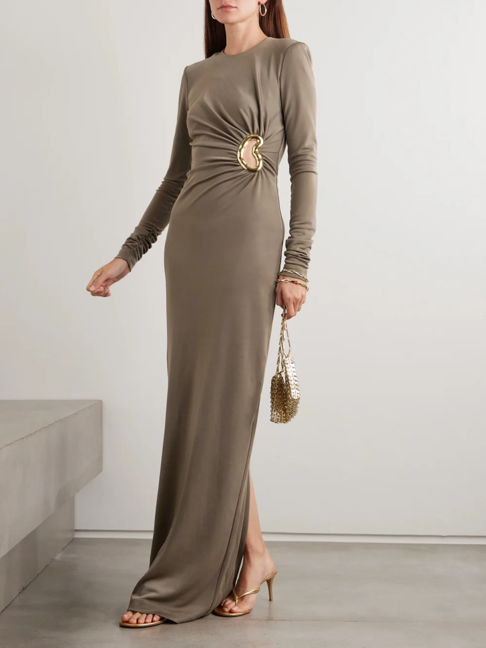 Rebecca Vallance Mischa Embellished Gathered Stretch-jersey Gown, worn by a model