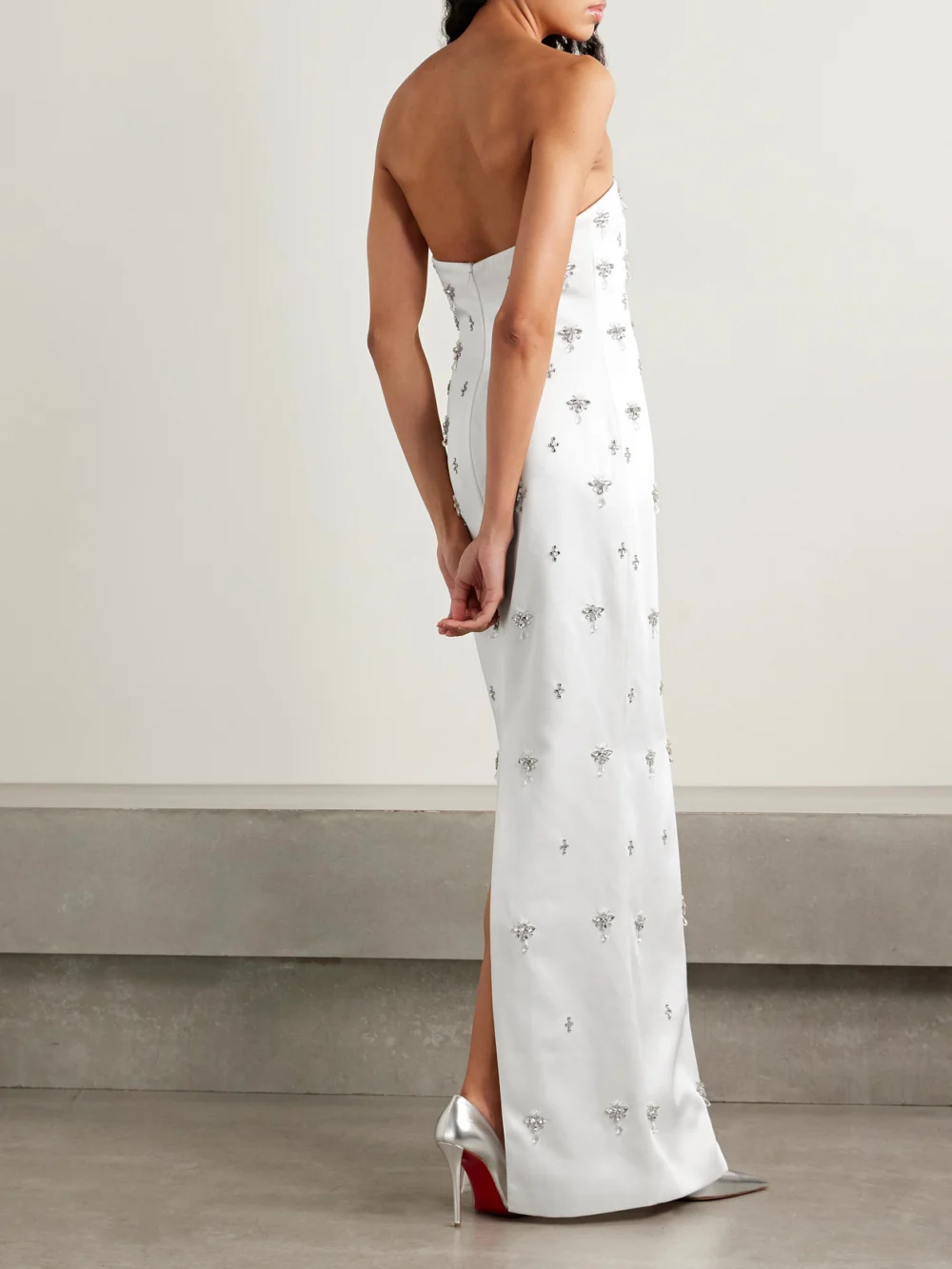 Back view of the Retrofête Elise Strapless Embellished Satin-crepe Gown