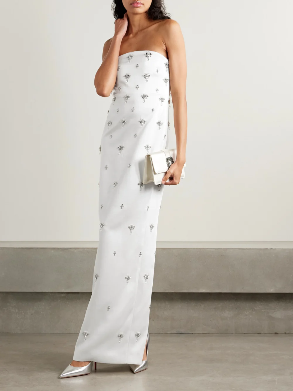 Retrofête Elise Strapless Embellished Satin-crepe Gown, worn by a model
