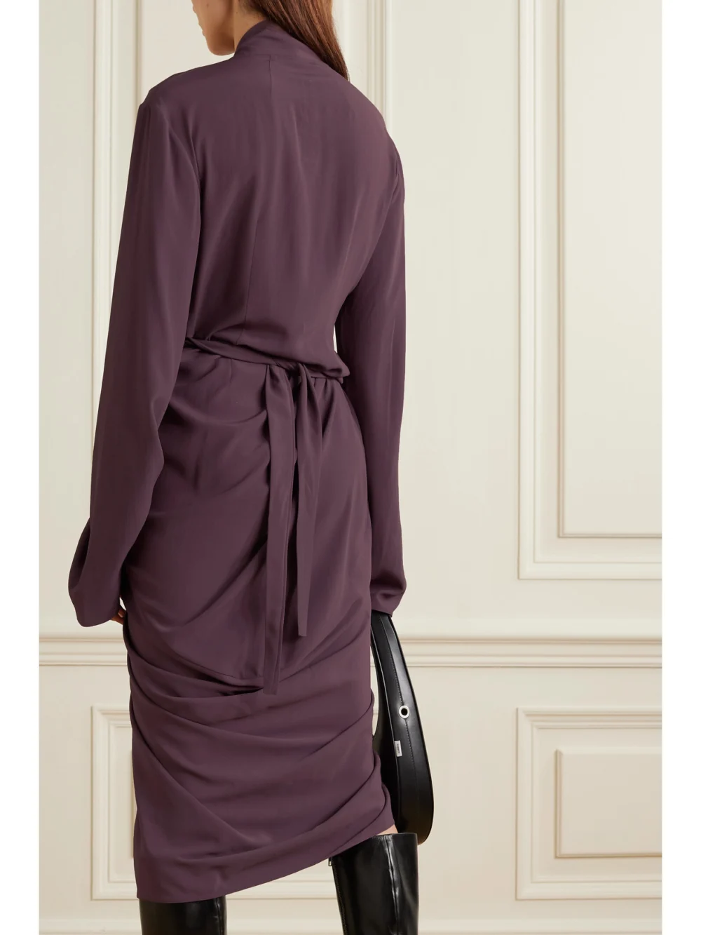 Back view of the Rick Owens Abito Draped Crepe Wrap Midi Dress