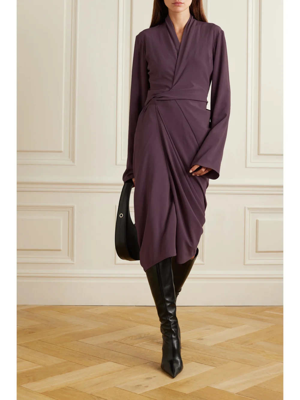 Rick Owens Abito Draped Crepe Wrap Midi Dress, worn by a model