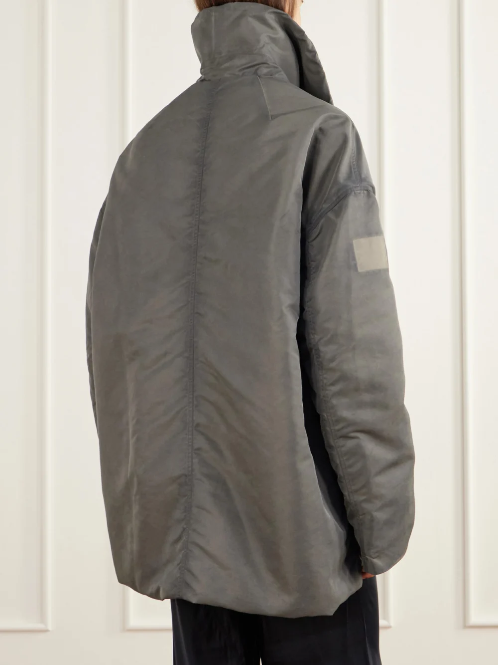 Back view of the Rick Owens Dracucollar Oversized Distressed Padded Shell Parka