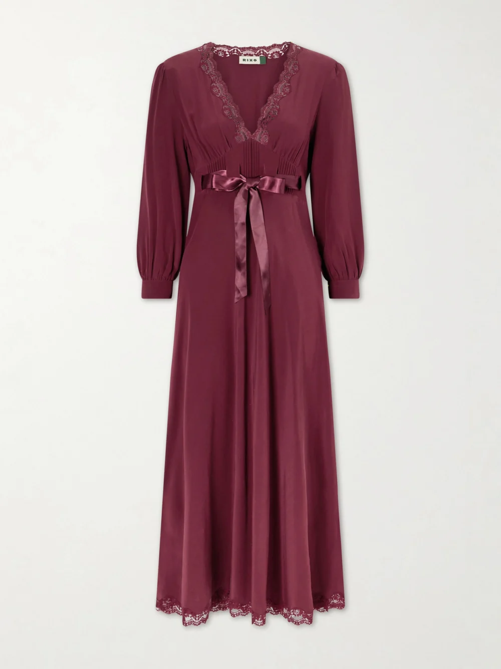 Rixo Adaline Bow-detailed Lace-trimmed Silk Maxi Dress in burgundy