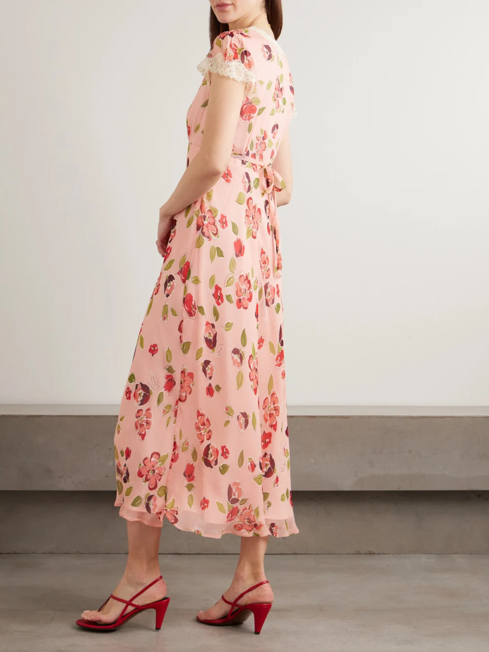 Back view of the Rixo Clarice Lace-trimmed Appliquéd Floral-print Georgette Midi Dress