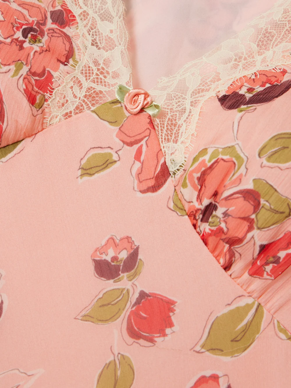 Close-up detail of the Rixo Clarice Lace-trimmed Appliquéd Floral-print Georgette Midi Dress
