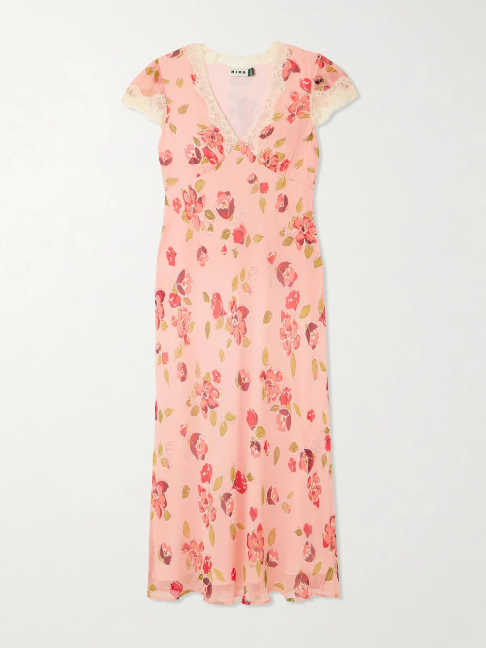 Rixo Clarice Lace-trimmed Appliquéd Floral-print Georgette Midi Dress in pink