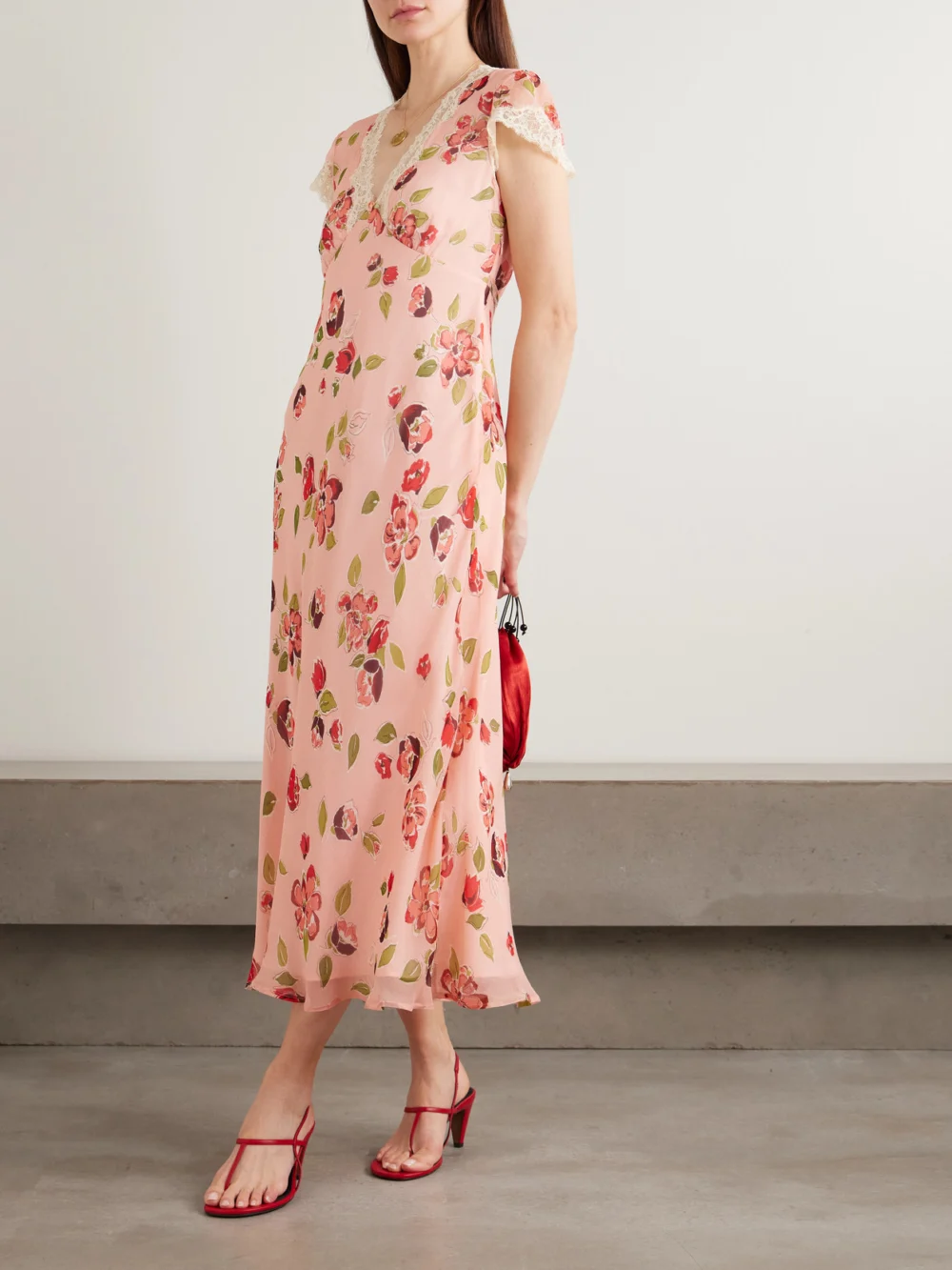 Rixo Clarice Lace-trimmed Appliquéd Floral-print Georgette Midi Dress, worn by a model