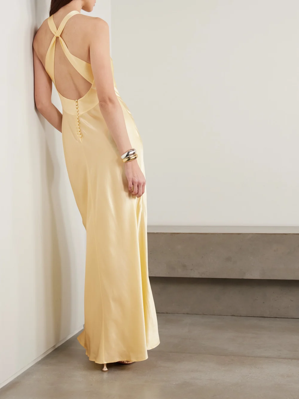 Back view of the Rixo Losanna Satin Halterneck Maxi Dress
