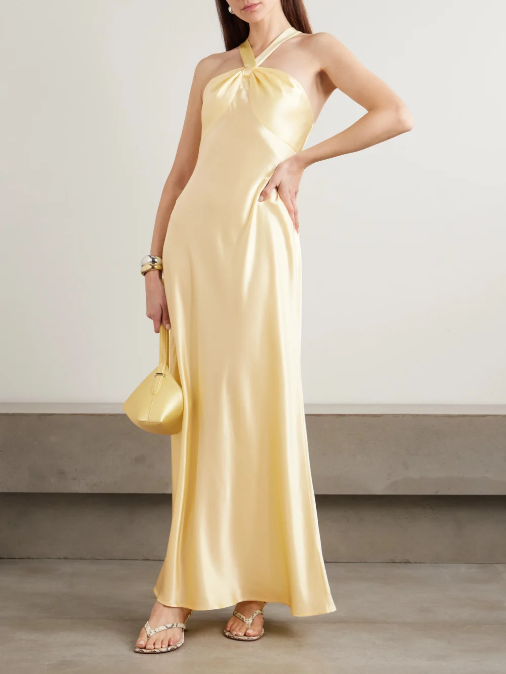 Rixo Losanna Satin Halterneck Maxi Dress, worn by a model