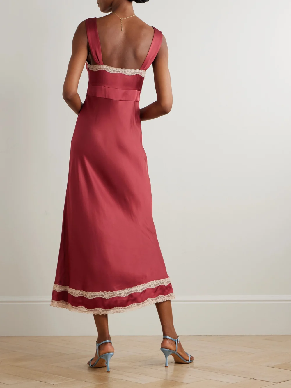 Back view of the Rixo Lucie Lace-trimmed Crepe De Chine Midi Dress