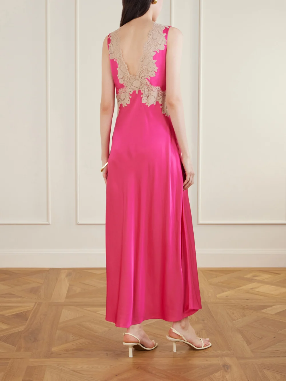 Back view of the Rixo Lysandra Lace-trimmed Satin Midi Dress