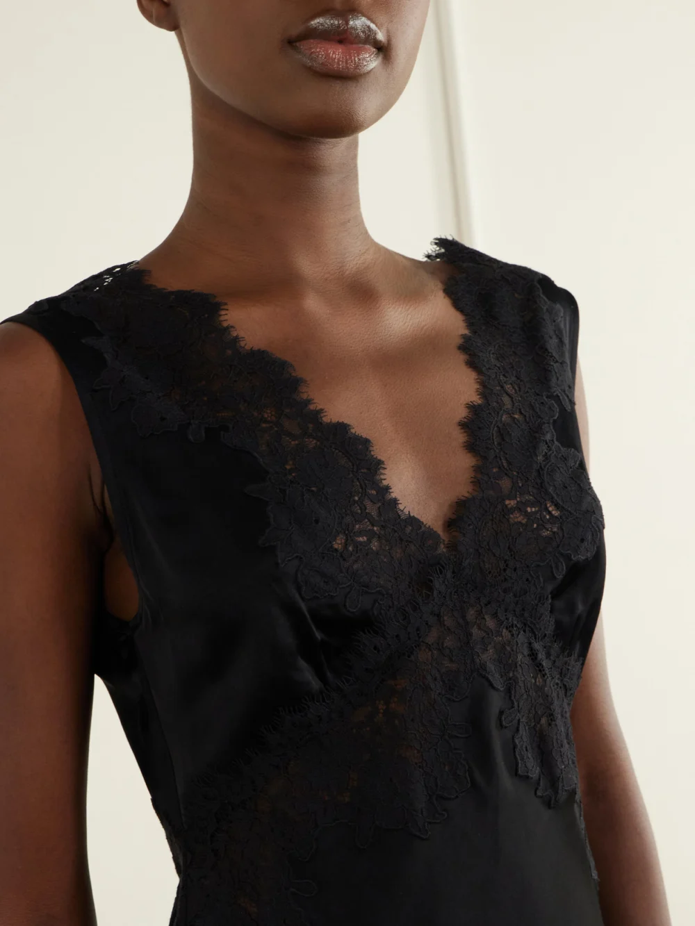 Close-up detail of the Rixo Rhegan Lace-trimmed Crepe Midi Dress