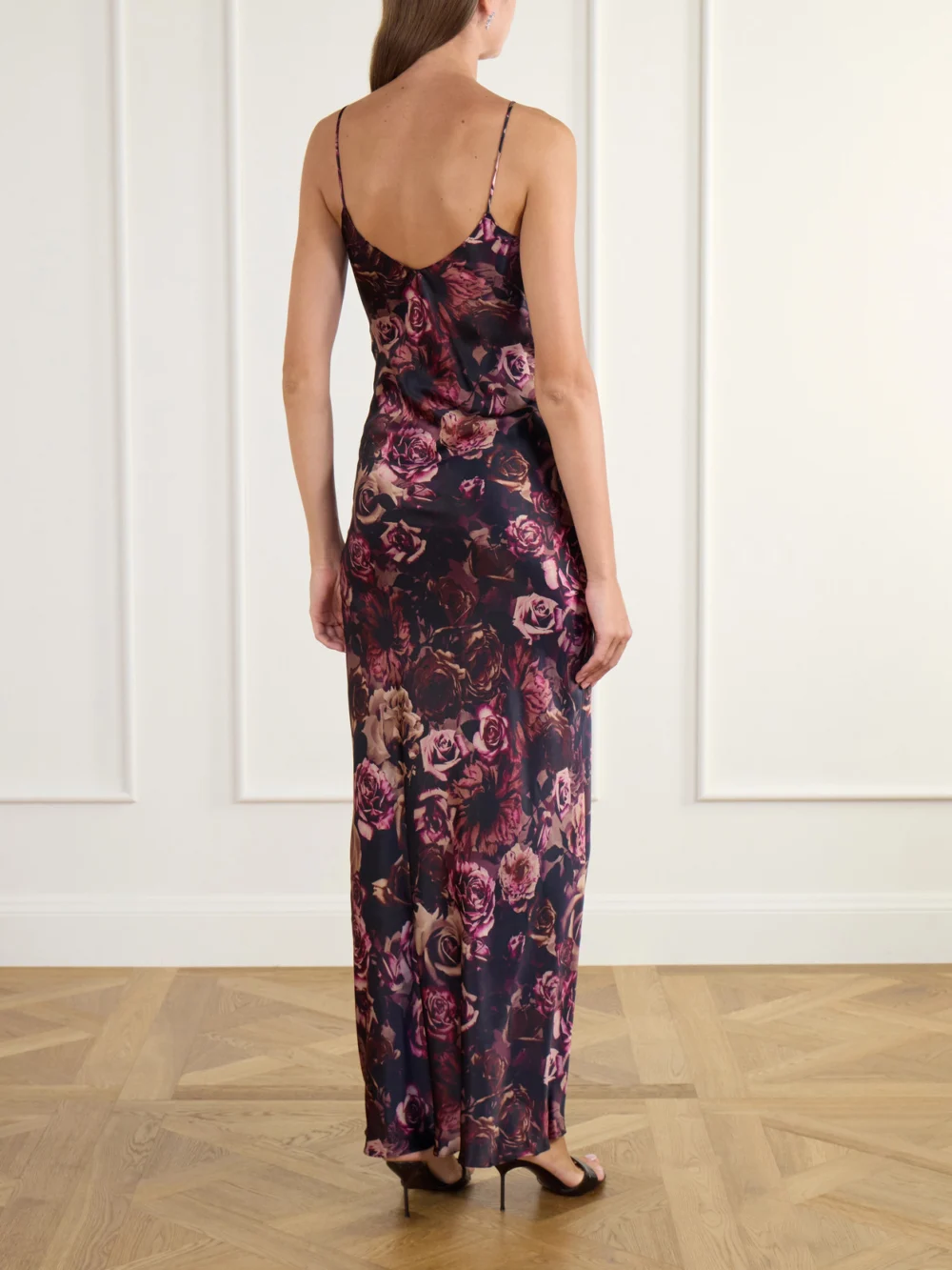 Back view of the Rodarte Rose-appliquéd Floral-print Silk-satin Gown