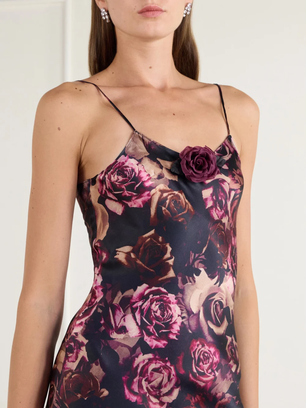 Close-up detail of the Rodarte Rose-appliquéd Floral-print Silk-satin Gown