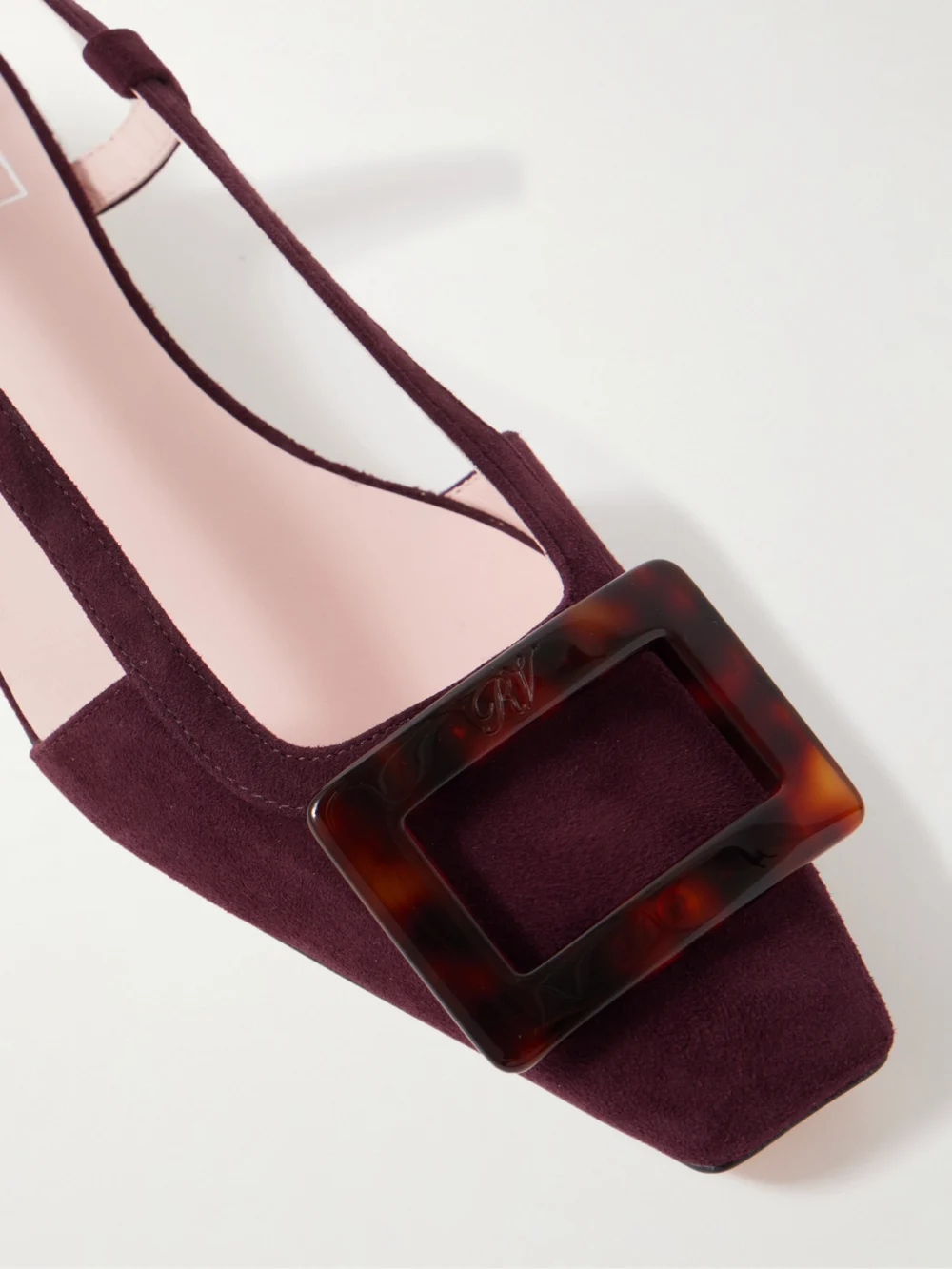 Close-up detail of the Roger Vivier Belle Vivier 25 Suede Pumps