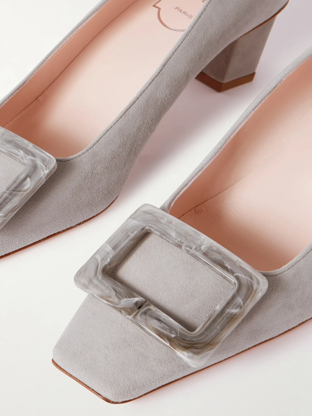 Close-up detail of the Roger Vivier Belle Vivier 45 Embellished Suede Pumps