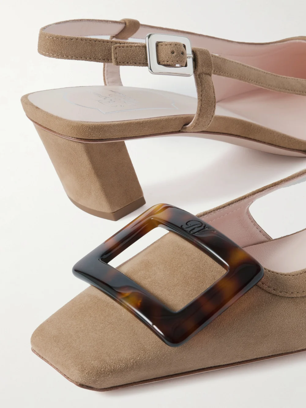 Close-up detail of the Roger Vivier Belle Vivier 45 Suede Slingback Pumps