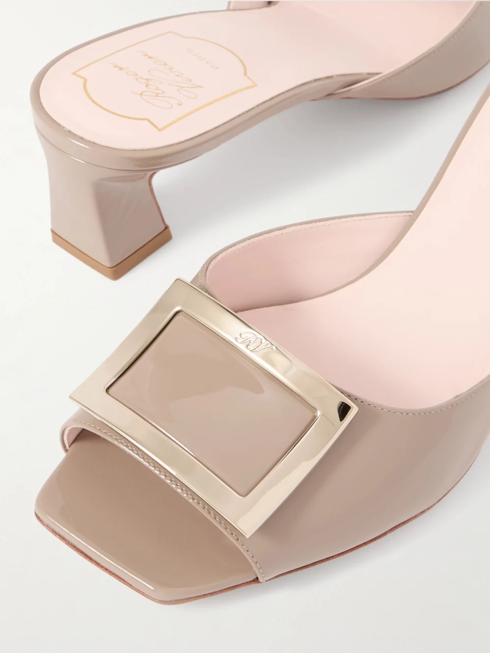 Close-up detail of the Roger Vivier Trompette 45 Embellished Patent-leather Mules