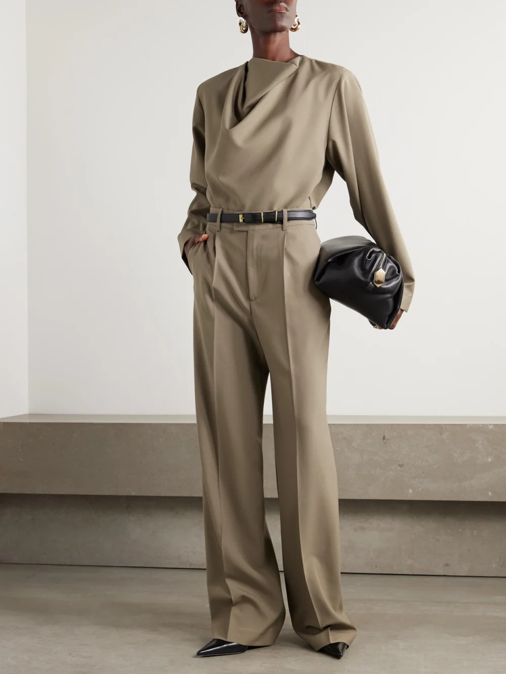 Róhe Draped Wool Blouse, worn by a model