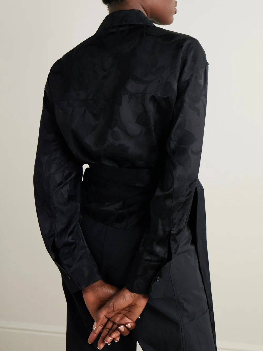 Back view of the Róhe Floral Satin-jacquard Wrap Shirt