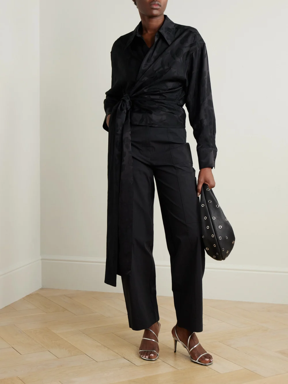 Róhe Floral Satin-jacquard Wrap Shirt, worn by a model