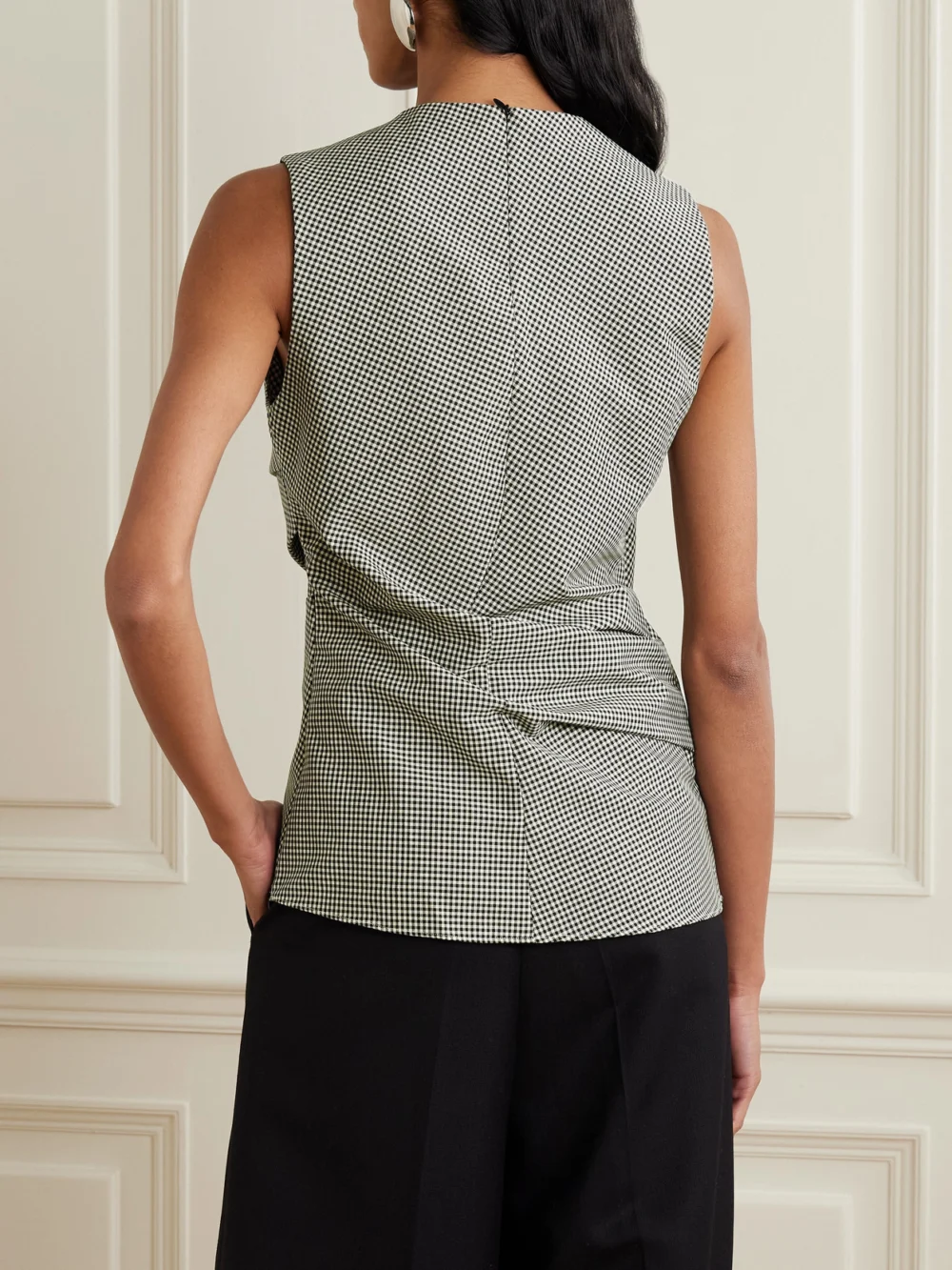 Back view of the Róhe Gathered Gingham Wool-blend Top