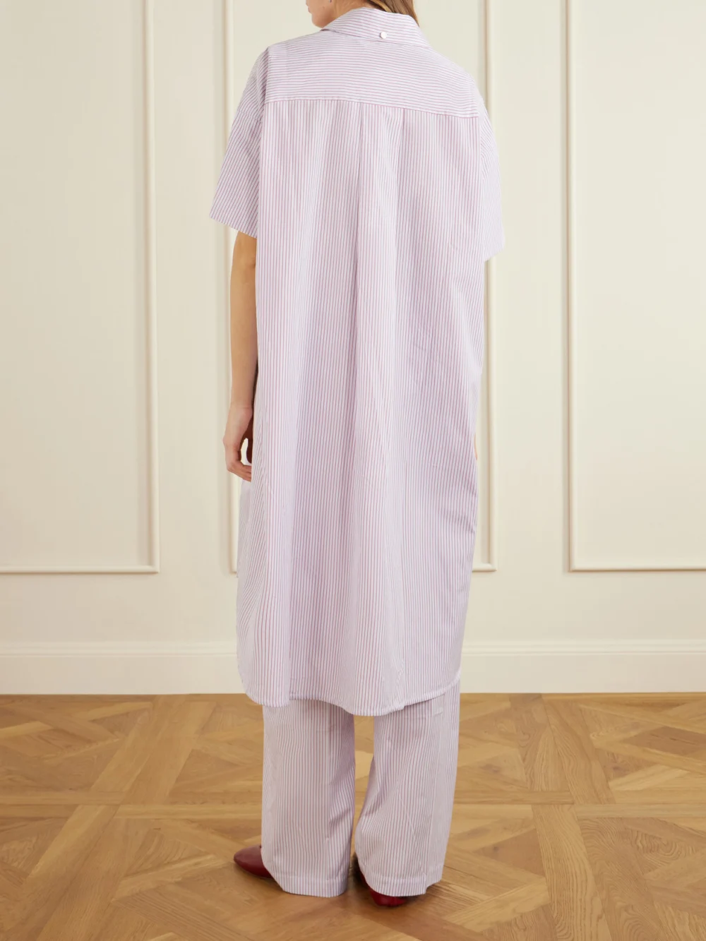 Back view of the Rùadh Anu Embroidered Striped Organic Cotton-poplin Midi Shirt Dress