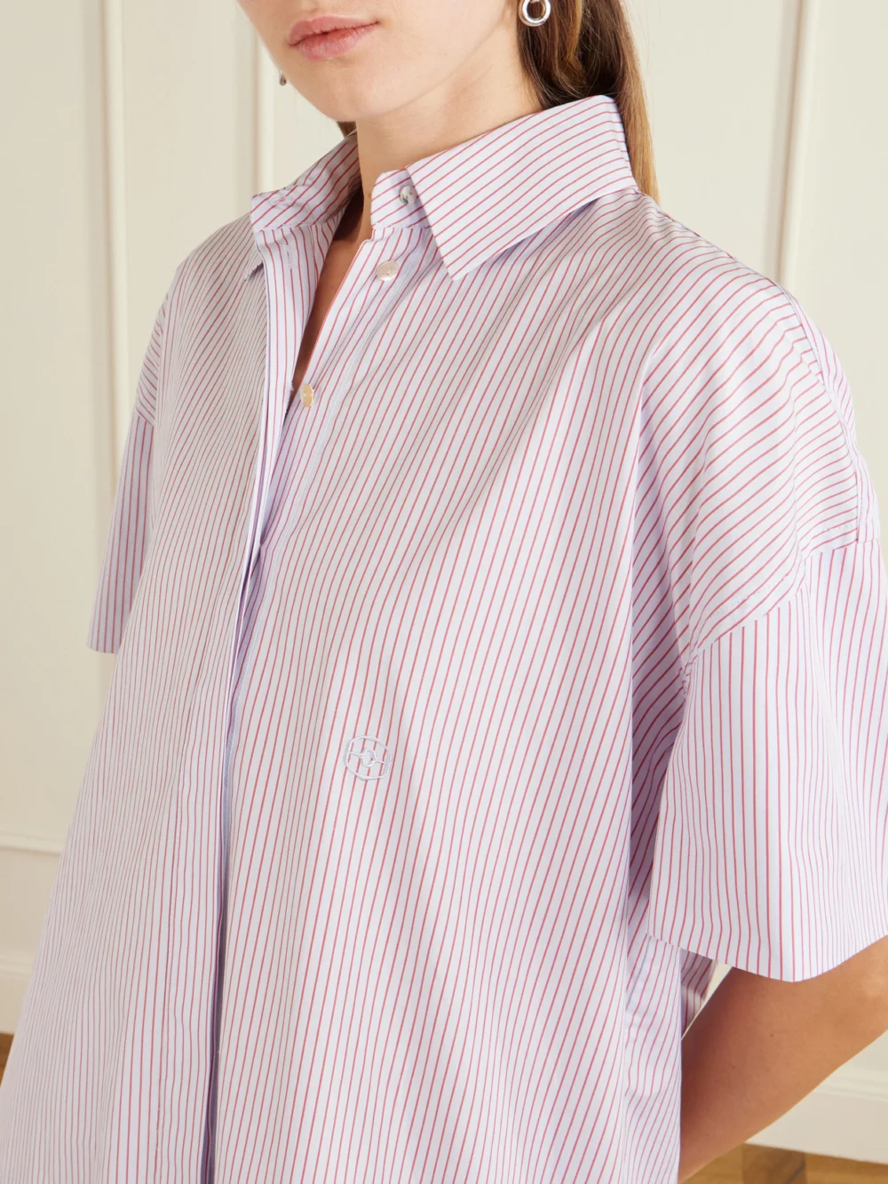 Close-up detail of the Rùadh Anu Embroidered Striped Organic Cotton-poplin Midi Shirt Dress