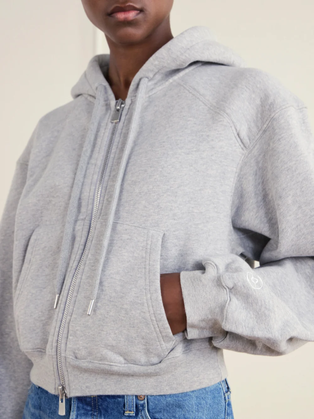 Close-up detail of the Rùadh The Augustine Organic Cotton-jersey Hoodie