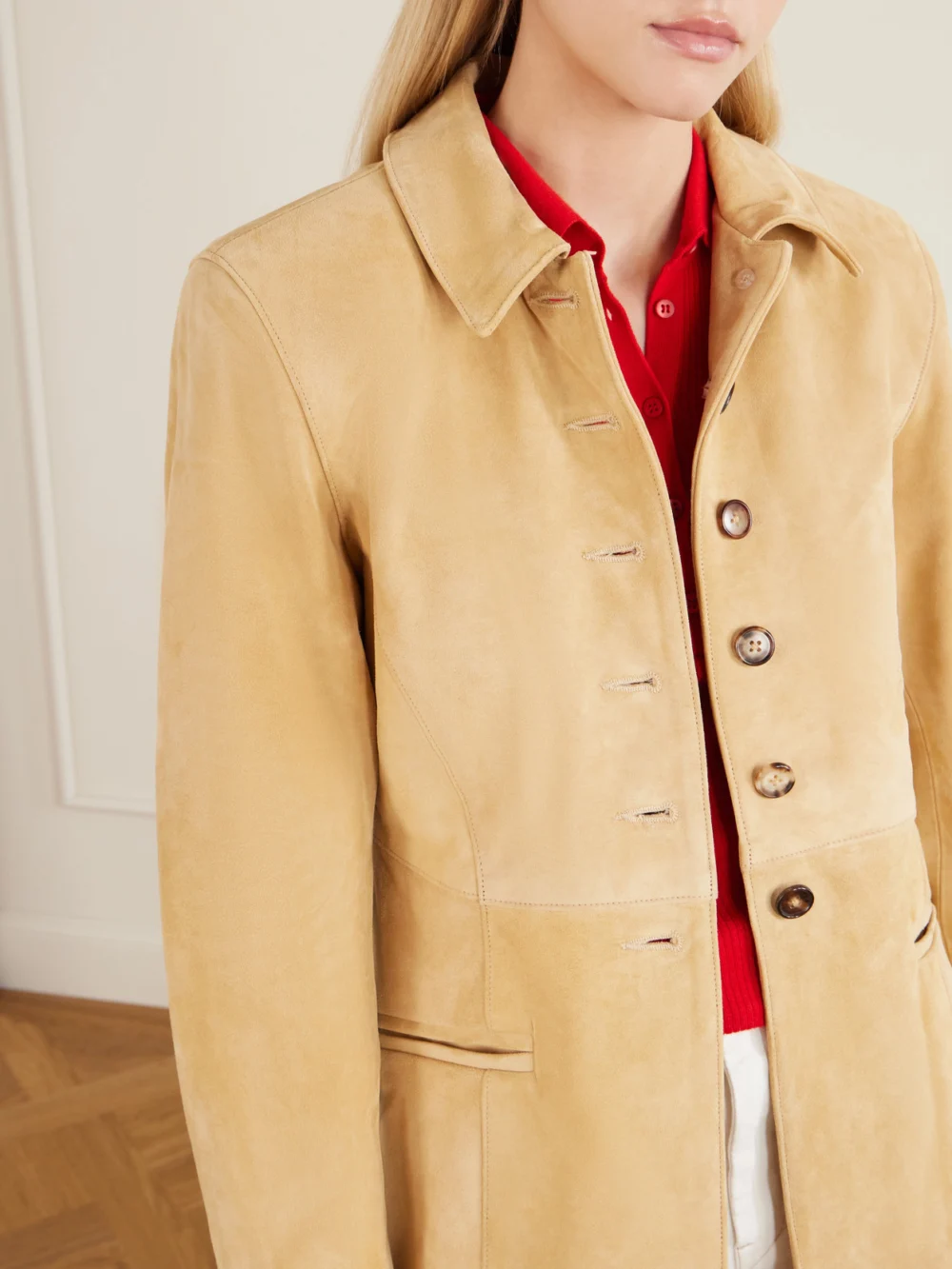 Close-up detail of the Rùadh The Barclay Suede Jacket