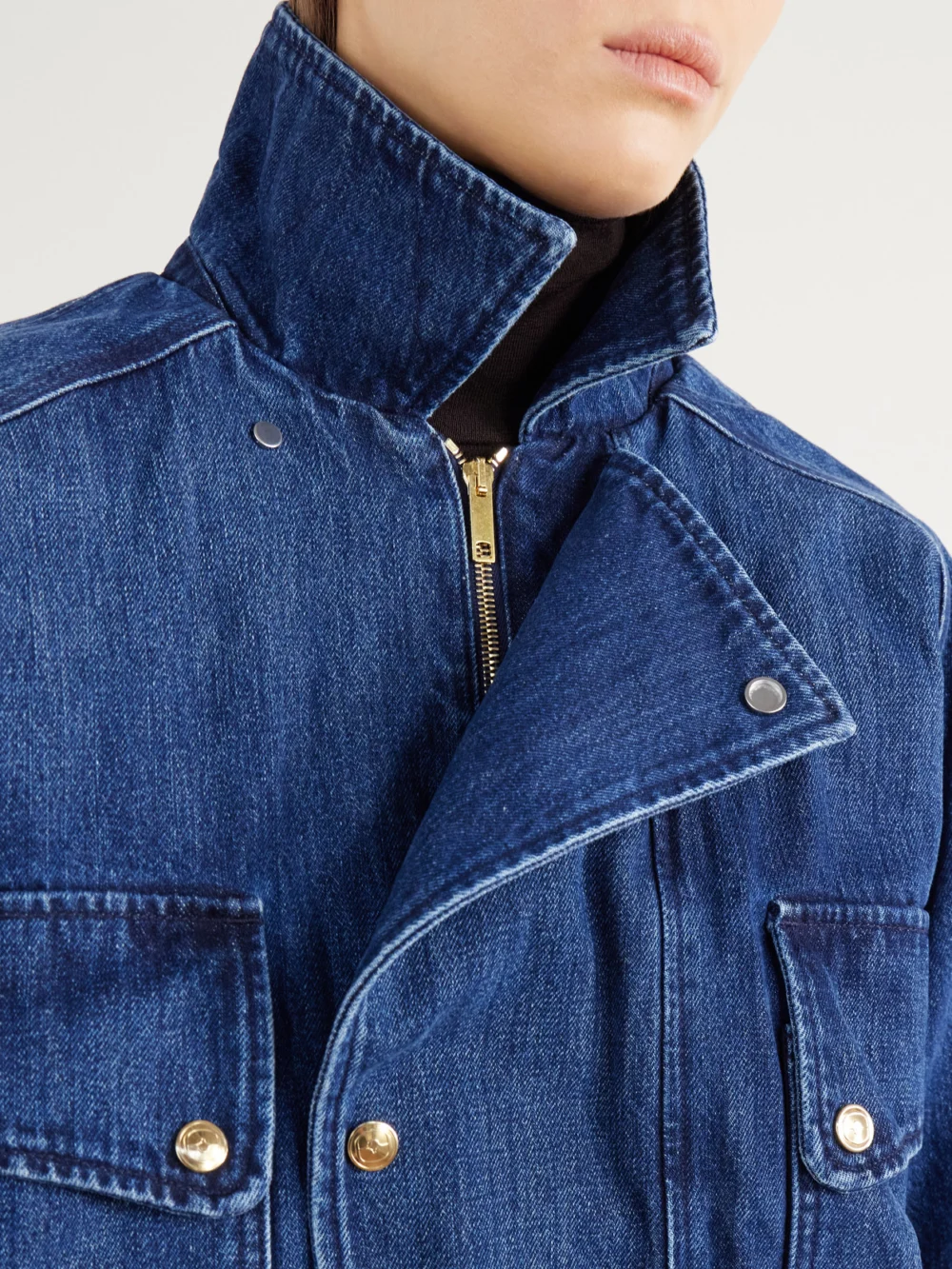 Close-up detail of the Rùadh The Ghillie Cropped Denim Jacket