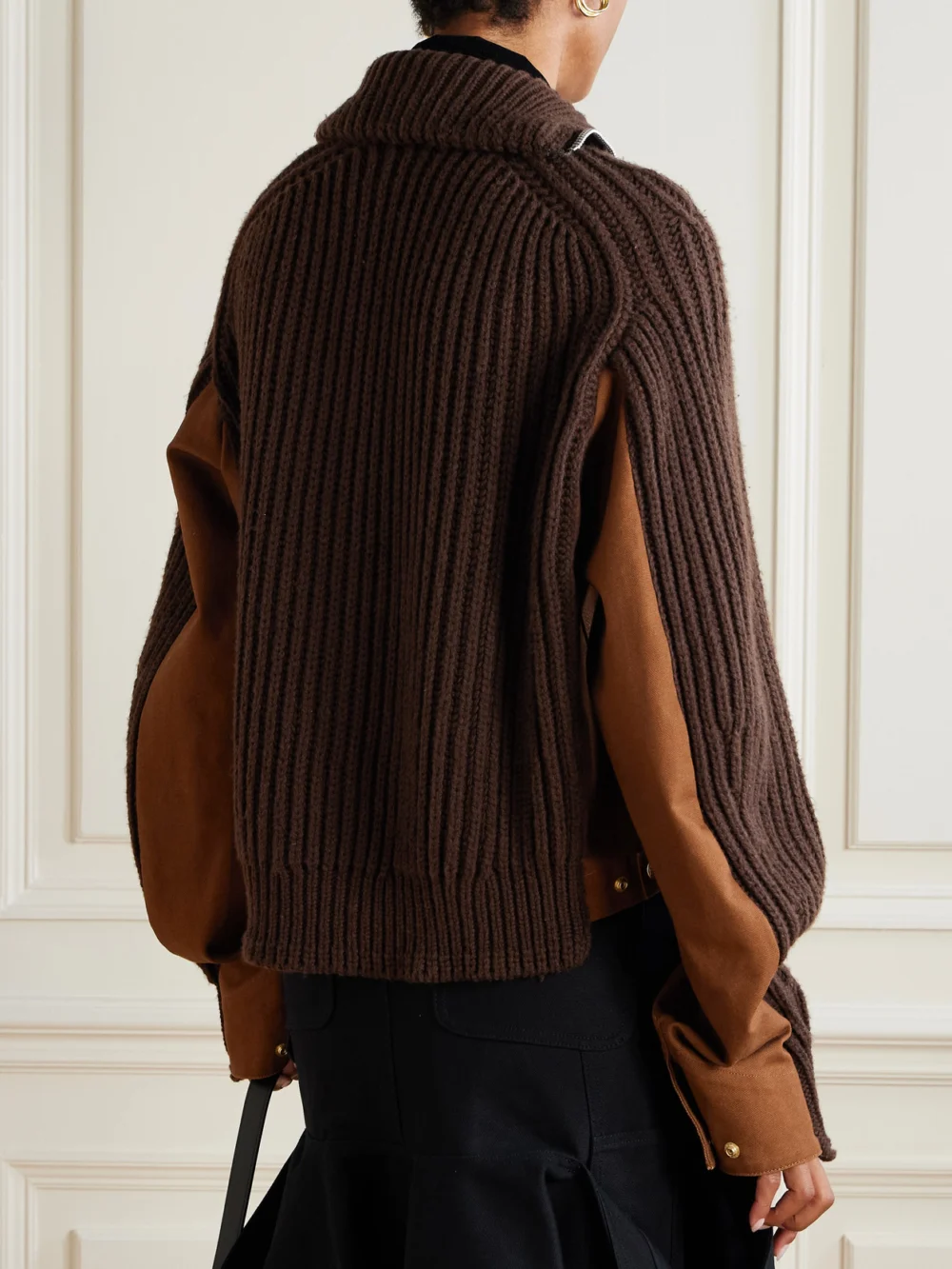 Back view of the Sacai + Carhartt Wip Asymmetric Ribbed Wool-blend and Cotton-canvas Cardigan