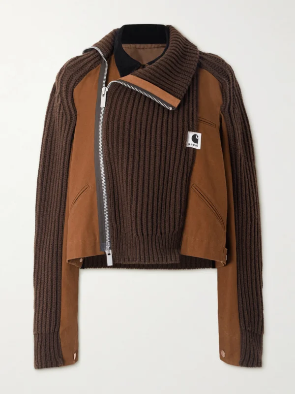 Sacai + Carhartt Wip Asymmetric Ribbed Wool-blend and Cotton-canvas Cardigan