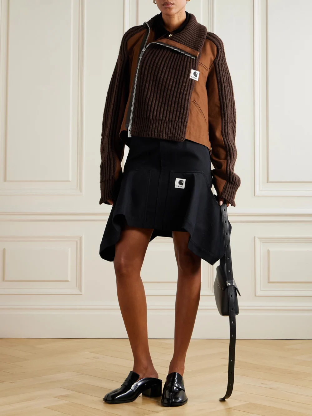 Sacai + Carhartt Wip Asymmetric Ribbed Wool-blend and Cotton-canvas Cardigan, worn by a model